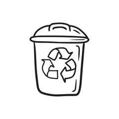 Trash bin with recycling sign with lid cover in black isolated on white. Hand drawn vector sketch doodle illustration. Concept of recycle plastic, save environment, pollution, sorting rubbish.