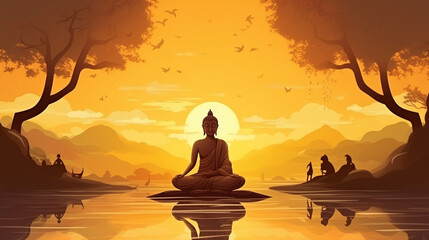 Serene Buddha silhouette against vibrant sunset, symbolizing peace and enlightenment