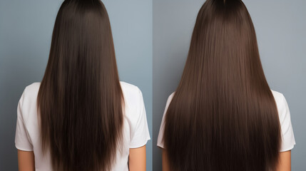 Fototapeta premium Brunette Hair before and after treatment, sick, cut and healthy hair
