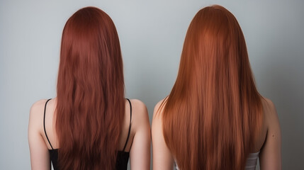 Fototapeta premium Red hair before and after treatment, sick, cut and healthy hair.