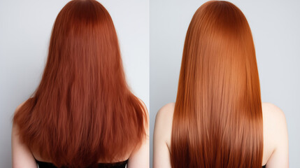 Red hair before and after treatment, sick, cut and healthy hair.