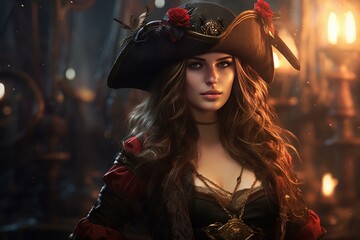 Pirate queen portrait closeup. Harbor ancient famous old picture. Generate Ai