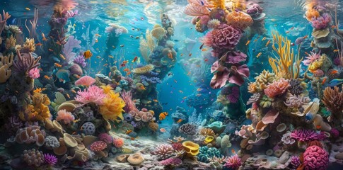 Diverse Coral Ecosystem in Underwater Scene - obrazy, fototapety, plakaty