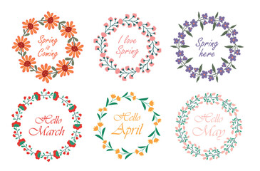 Set of wreaths with spring phrases. Hello Spring, Spring is coming, vector illustration of round frames with Flowers of different colors.
