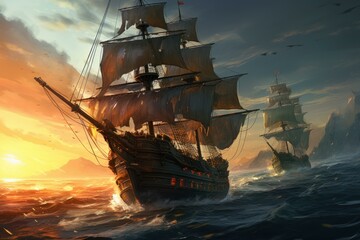 Pirate ships sea battle. Travel wood. Generate Ai - obrazy, fototapety, plakaty