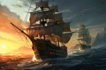Poster Pirate ships sea battle. Travel wood. Generate Ai © juliars