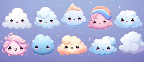 Anarrayofadorable,animatedcloudswithcuteexpressionsandpastelcolors,exudingcharmandwhimsy.