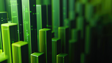 Abstract green glowing financial bar chart on dark background.