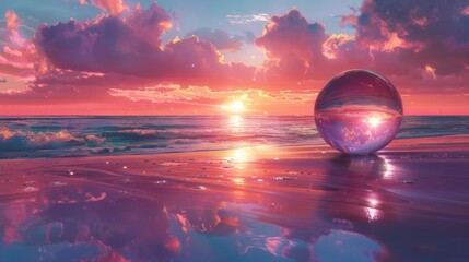 Large Ball on Beach by Ocean - obrazy, fototapety, plakaty