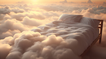 Dreamy scene of bed enveloped in clouds against stunning sunset, symbolizing tranquility - obrazy, fototapety, plakaty
