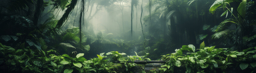Sunlight filters through dense jungle, illuminating natural path, banner Realistic nature rainforest. - obrazy, fototapety, plakaty