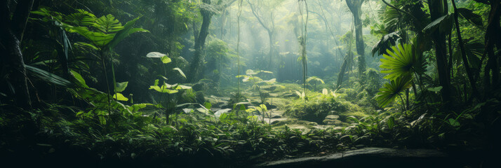 Background Deep forest tropical jungles of Southeast Asia with fog. Mystical amazon banner fantasy backdrop, Realistic nature rainforest - obrazy, fototapety, plakaty