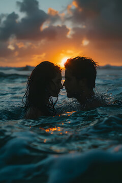 romantic couple in the ocean at sunrise 