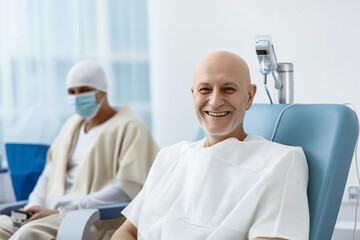Fototapeta premium Concept desire for life, treatment of fatal disease. Cancer patient Bald man smiling in hospital bed, drip stand in background, conveying hope and positivity.