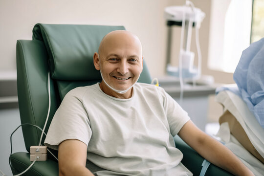 Cancer patient Bald man smiling in hospital bed, drip stand in background, conveying hope and positivity. Concept desire for life, treatment of fatal disease