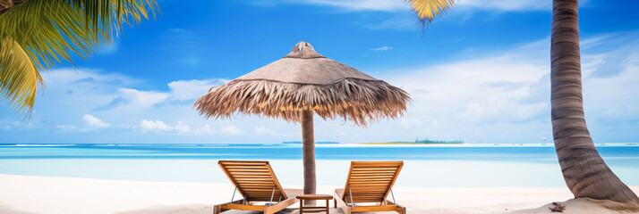 Panorama tranquil beach scene, with azure waters, under bright blue umbrella. Concept banner tourism, lux travel place for relax on tropical.