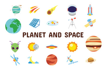 Planet and Space Flat Vector Illustration Icon Sticker Set Design Materials