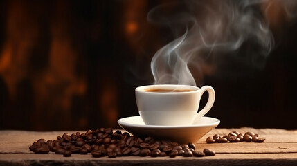 Banner steaming cup of coffee with scattered roasted beans, evoking warmth and aroma.