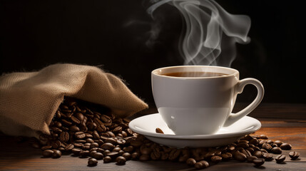 Banner steaming cup of coffee with scattered roasted beans, evoking warmth and aroma with copy space