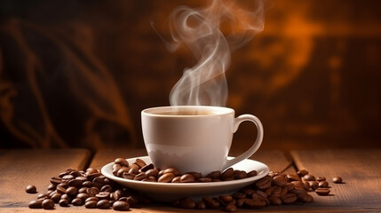 Banner steaming cup of coffee with scattered roasted beans, evoking warmth and aroma with copy space