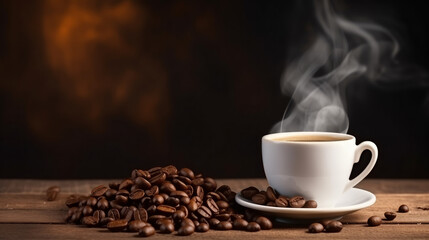 Fototapeta premium Banner steaming cup of coffee with scattered roasted beans, evoking warmth and aroma with copy space