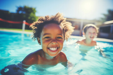 Happy African American joyful child swimming in sunny pool, sharing fun moment with friends, sunlight.