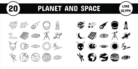 Planet and Space Line Glyph Vector Illustration Icon Sticker Set Design Materials