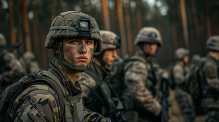 Fototapeta premium Soldiers lined up in camouflage gear.