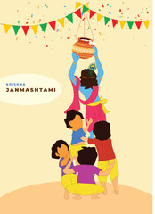 Vector illustration of Lord Krishna playing dahi handi in Happy Janmashtami festival background of India