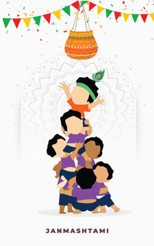 Vector illustration of Lord Krishna playing dahi handi in Happy Janmashtami festival background of India
