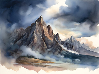 Beautiful scenery moutain with the clouds,dark tone backfround watercolor