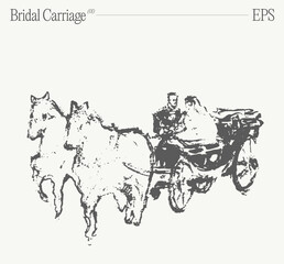 A horse-drawn wedding carriage carrying the bride and groom. Hand drawn vector illustration, sketch.