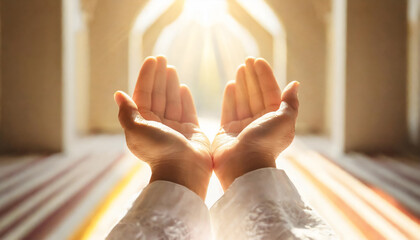 Muslim Hands raised in prayer under radiant light inside a peaceful mosque, point of view angle.