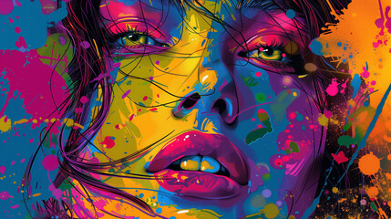 Vibrant pop art face with expressive splashes.