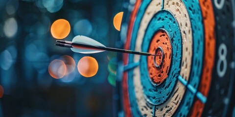 dart arrow hitting center target or business targeting and winning goals business concepts.
 - obrazy, fototapety, plakaty