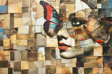 Surrealism - style collage. Vintage face of a woman.