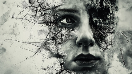 Surreal black and white portrait with tree branches.