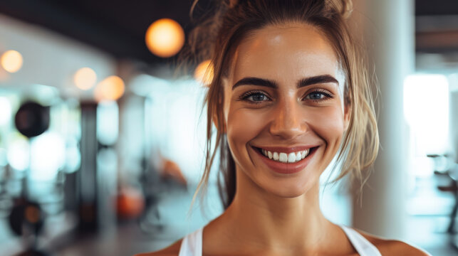 A close-up image captures the beauty of an attractive and fit woman in a gym setting, radiating confidence and determination as she focuses on her workout routine.