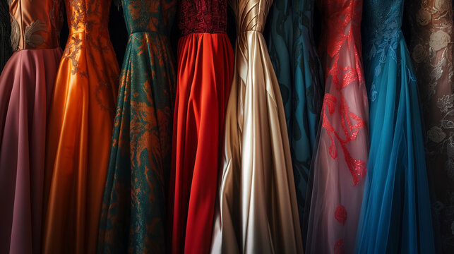 Colorful dresses hanging in a row.