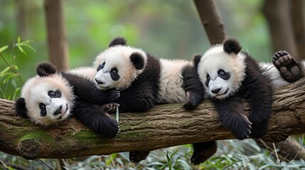 Obraz premium Group of panda bears sitting on top of a tree branch
