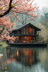 Glass transparent house by the lake with cherry blossom in bloom