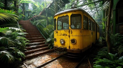 Abandoned Yellow Tram in a Tropical Greenhouse - obrazy, fototapety, plakaty