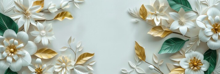 Gold and Green Leafs with White Background and Pastel Colors - Dark White and Light Gray Shaped Canvas - Innovative Page Design Delicate Flowers Wallpaper created with Generative AI Technology