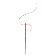 A steel needle with a pink thread. Isolated object. Watercolor illustration. Ideal for sewing-related logos, crafting enthusiasts, needlework businesses, and DIY-themed designs