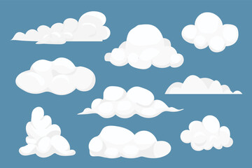 Set fluffy clouds simple cute design isolated on blue background. Collection weather soft object, design element.