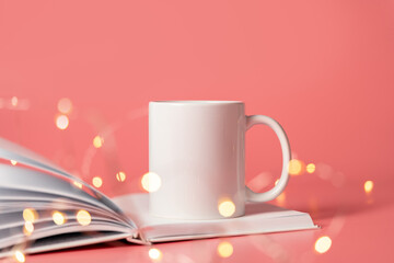 Ceramic mug mock up on pink background studio shot