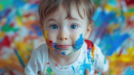Toddler painting with markers and paints on himself, child misbehavior and creativity Candid moment of child play, early development