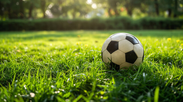 Soccer ball resting on lush green field