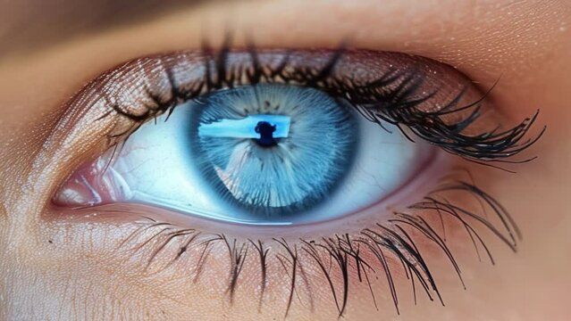 zoom in female eyes with blue pupils