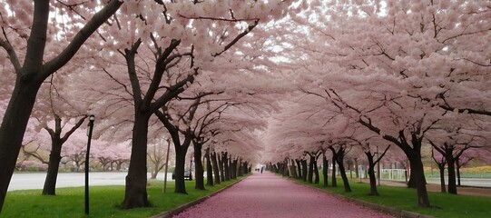 Cherry Blossom Tranquility: Serene Pathway and Enchanting Bloom
